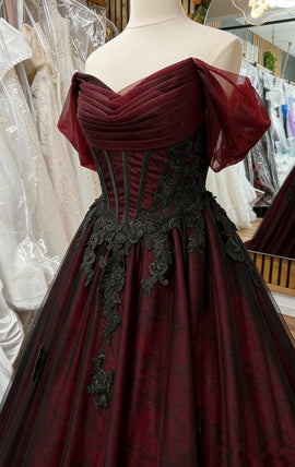A-line Off Shoulder Black and Red Formal Dress with Lace, Elegant Long Prom Dress