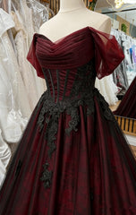 A-line Off Shoulder Black and Red Formal Dress with Lace, Elegant Long Prom Dress