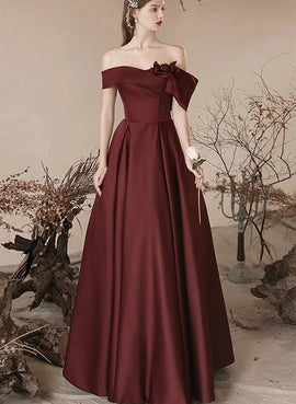 Chic Burgundy Satin Off Shoulder Party Dress, Satin Simple Prom Dress