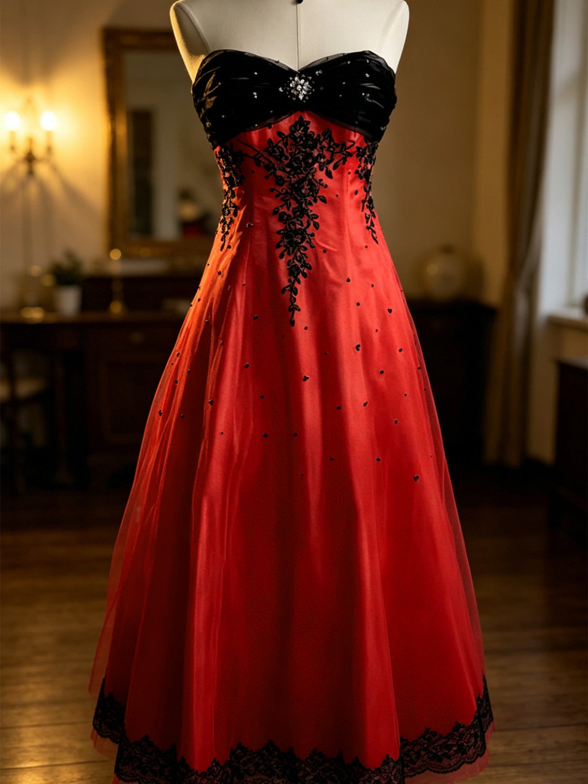 Charming Vintage Style Sweetheart Tulle Prom Dress with Lace, A-line Long Evening Dress Formal Dress