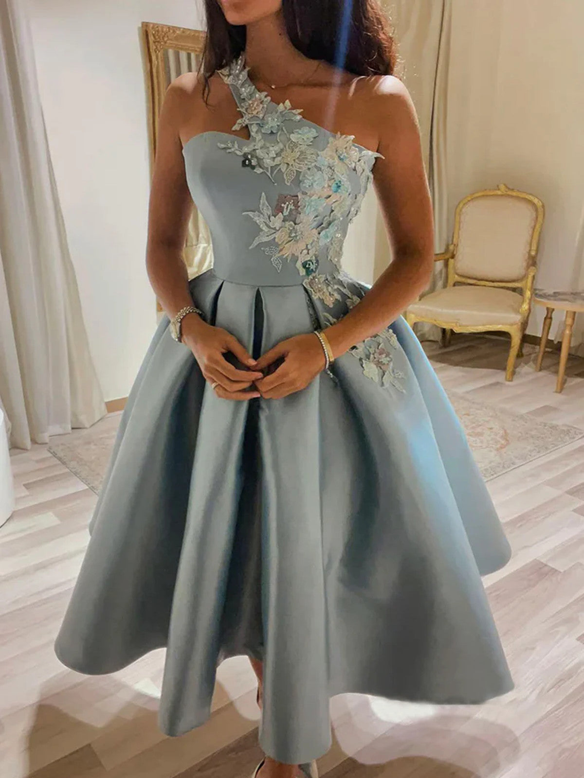 Blue Satin Tea Length Party Dress with Lace Applique, Blue Formal Dress Homecoming Dress