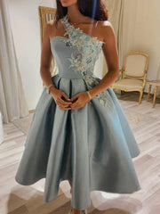 Blue Satin Tea Length Party Dress with Lace Applique, Blue Formal Dress Homecoming Dress