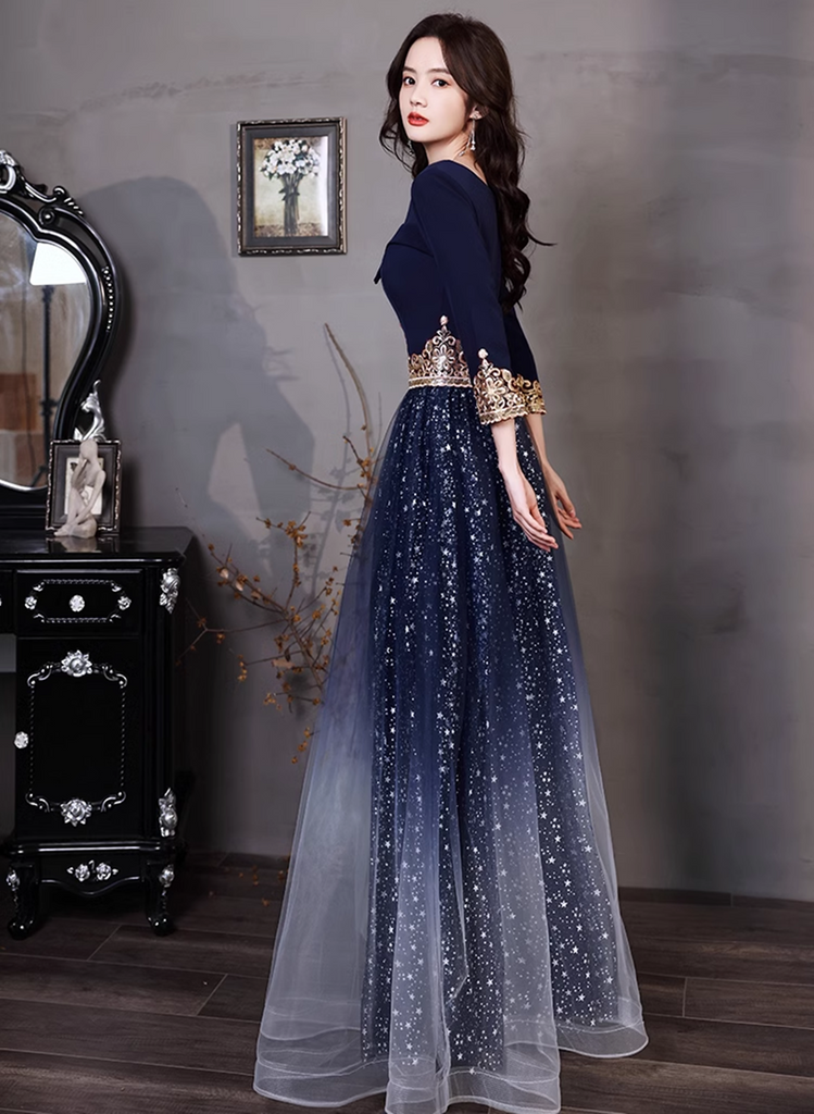 Navy Blue A-line Short Sleeves Floor Length Party Dress, Navy Blue Bri