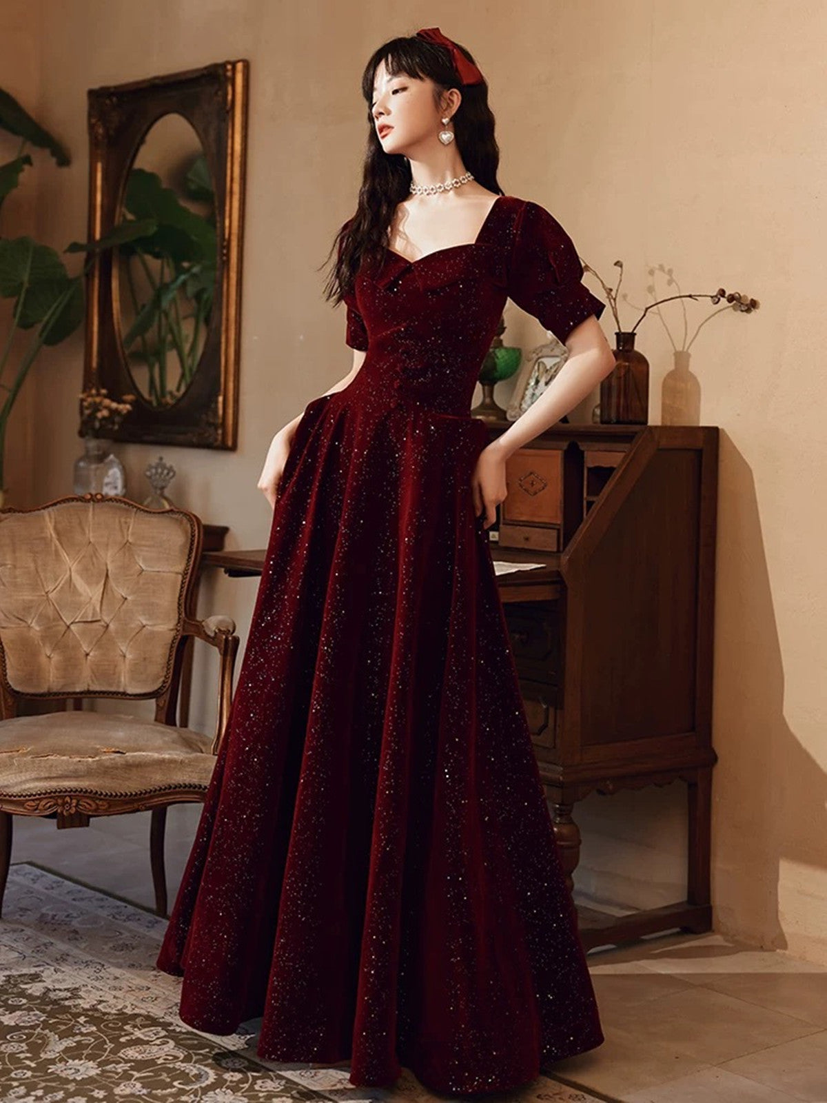 red velvet empire waist dress Vintage Club Prom Red Velvet Mid-Calf Dress for Women with Hooded Collar and Empire Waistline from Dhgate Urban Sexy Dresses
