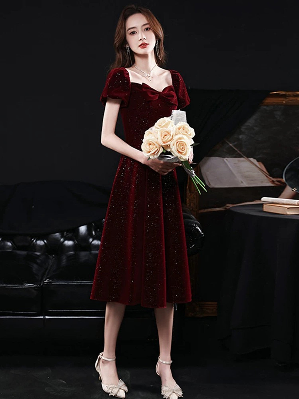 red tea party dress Elegant Satin Tea Length Party Dress, Wine Red Short Prom Dresses