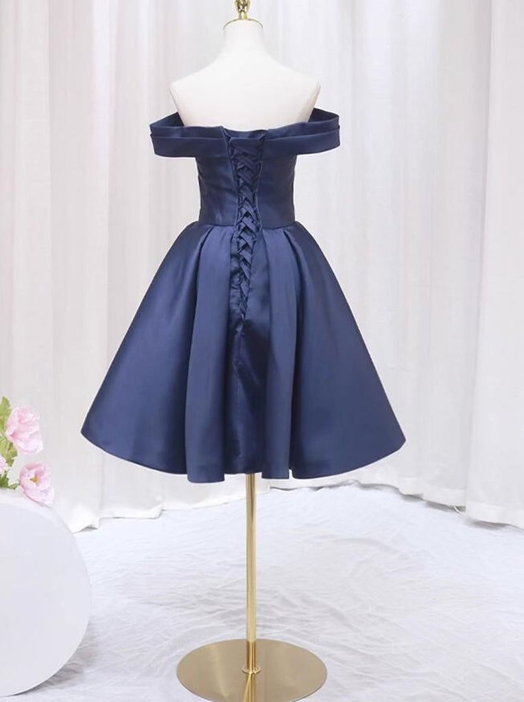 A-Line Off-the-Shoulder Short Navy Blue Satin Sleeveless Homecoming Dress  PD404