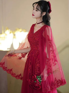 Charming Wine Red Tulle V-neckline with Lace Applique Formal Dress, Wine Red Tulle Evening Dress