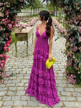 Deep V-Neck Spaghetti Strap Tiered Ruffle Long Maxi Dress, A-line Long Prom Dress Party Dress