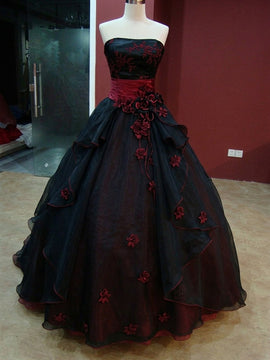 Charming Black and Red Gothic Strapless Beaded Ball Gown Prom Dress, Gothic Sweet 16 Dress with Flowers