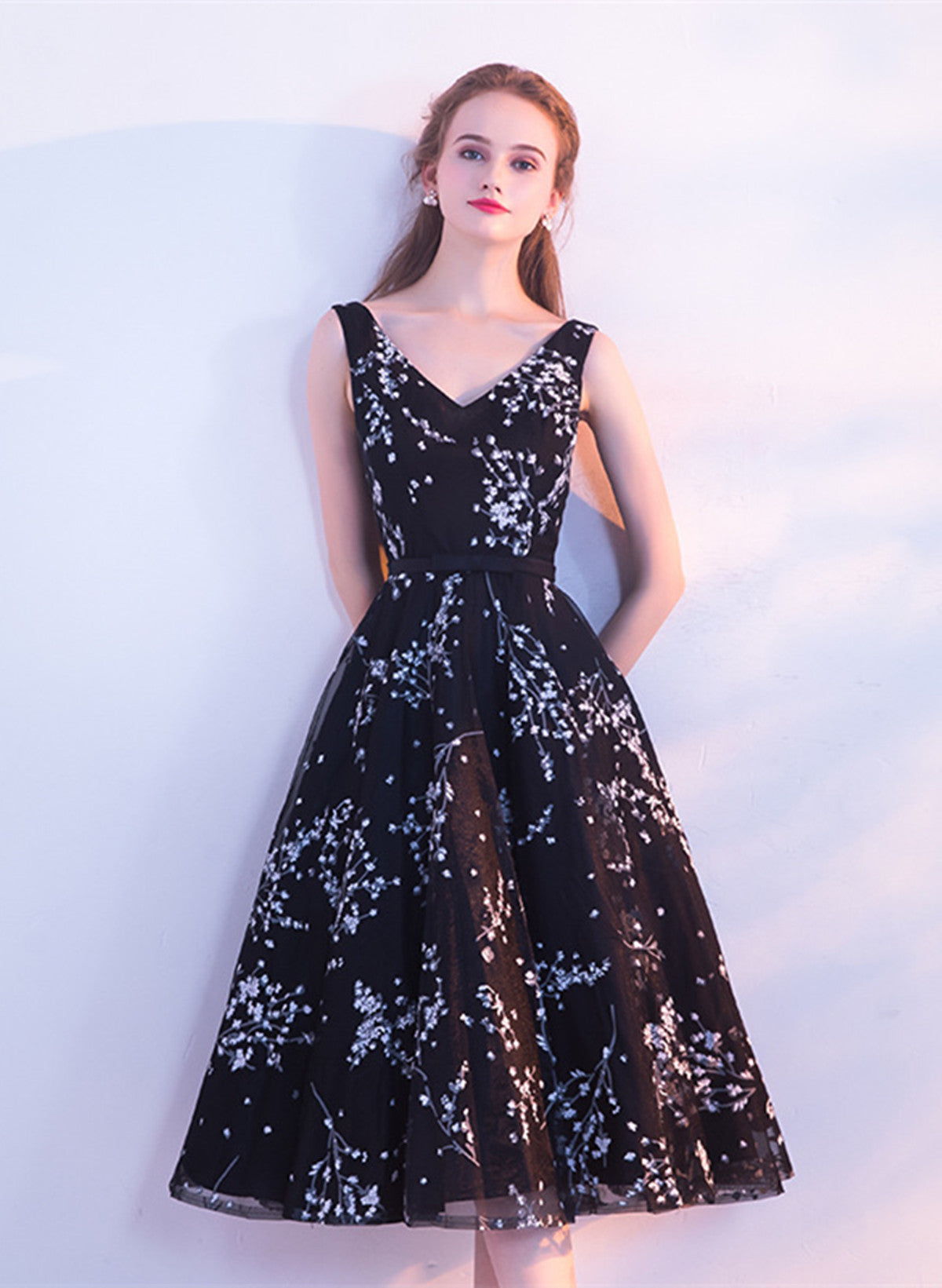 Black Floral Tulle V-neckline Tea Length Party Dress, Black Tulle Home Cutedressy Black Floral Tulle V-neckline Tea Length Party Dress, Black Tulle Home Cutedressy