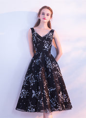 Black Floral Tulle V-neckline Tea Length Party Dress, Black Tulle Homecoming Dress