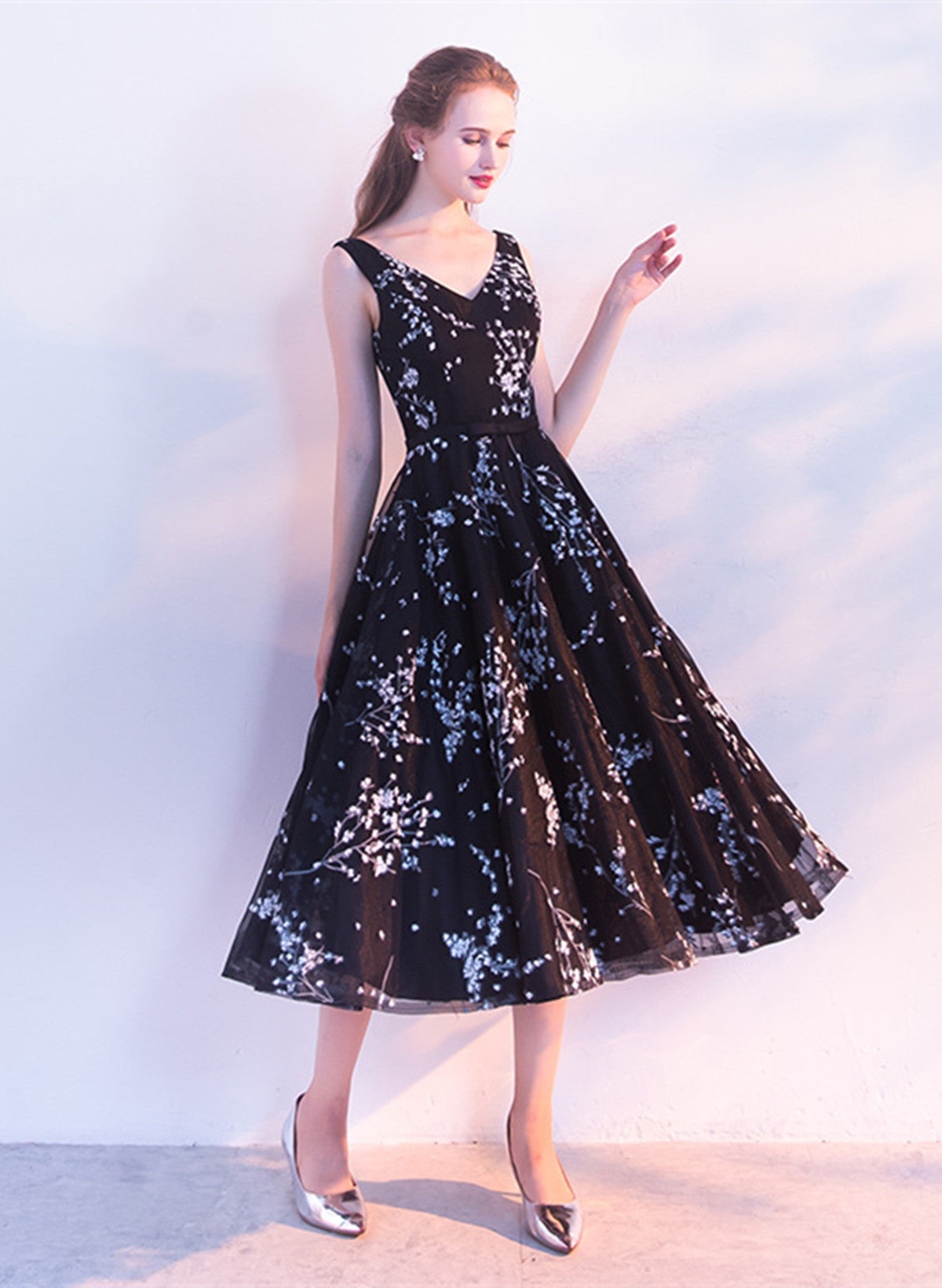 Black Floral Tulle V-neckline Tea Length Party Dress, Black Tulle Homecoming Dress