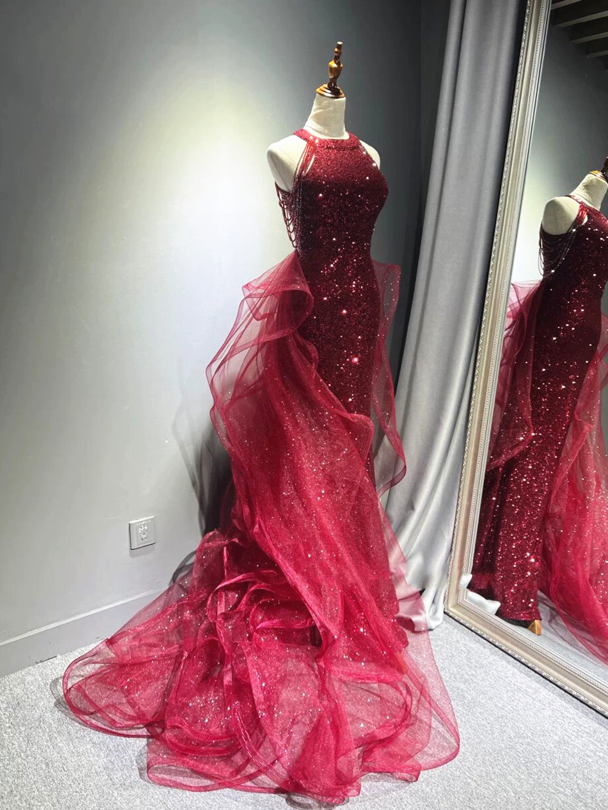 Wine Red Tulle and Sequins Halter Long Party Dress, Wine Red New Style Cutedressy Wine Red Tulle and Sequins Halter Long Party Dress, Wine Red New Style Cutedressy