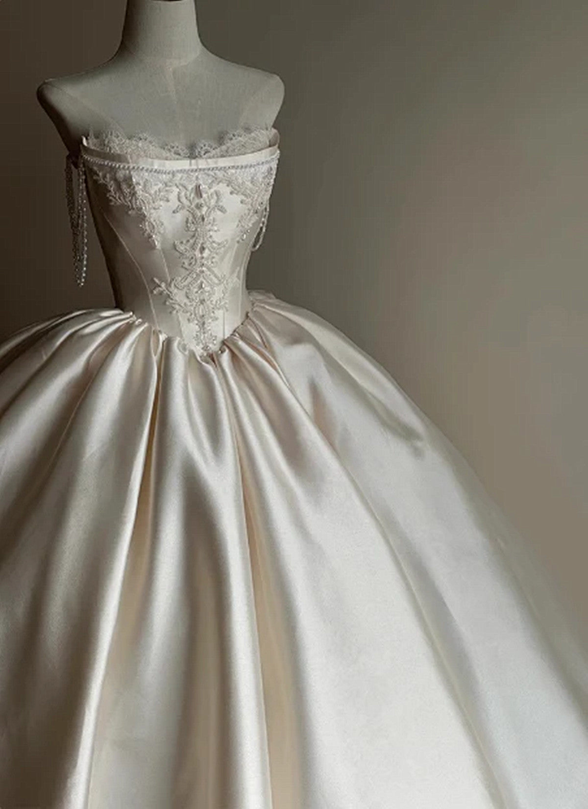 Ivory Satin with Lace Applique Strapless Weeeing Party Dress, Ivory Long Wedding Dress