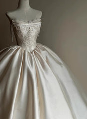 Ivory Satin with Lace Applique Strapless Weeeing Party Dress, Ivory Long Wedding Dress