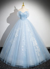 Light Blue Tulle Off Shoulder Beaded Prom Dress, Light Blue Party Dress Sweet 16 Dress