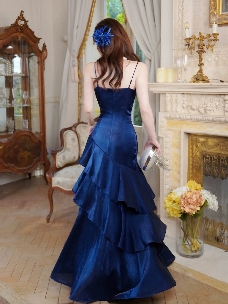 Navy Blue Mermaid Straps Evening Dress Party Dress, Navy Blue Floor Le