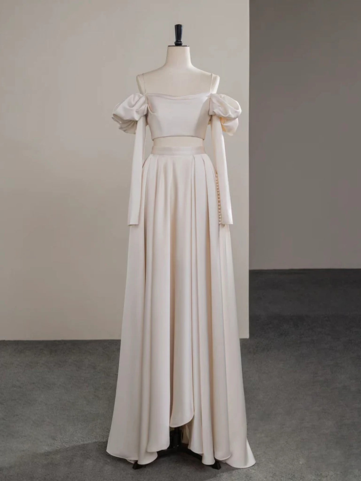 Ivory Two Piece Satin Long Sleeves Prom Dress, A-line Satin Evening Dress Formal Dress