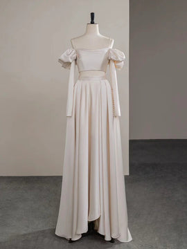 Ivory Two Piece Satin Long Sleeves Prom Dress, A-line Satin Evening Dress Formal Dress