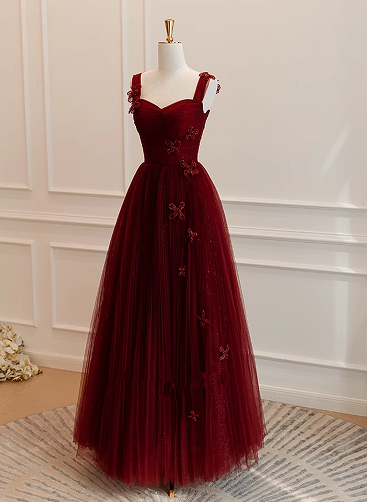 Beautiful Wine Red Tulle Sweetheart Long Prom Dress A-line Party Dress