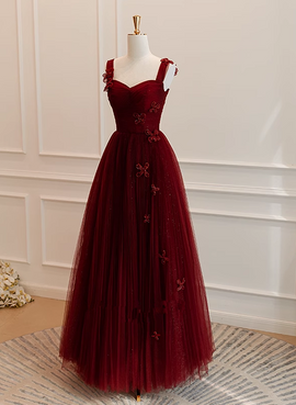 A-line Tulle Sweetheart Straps Long Formal Dress, Wine Red Evening Dress Prom Dress