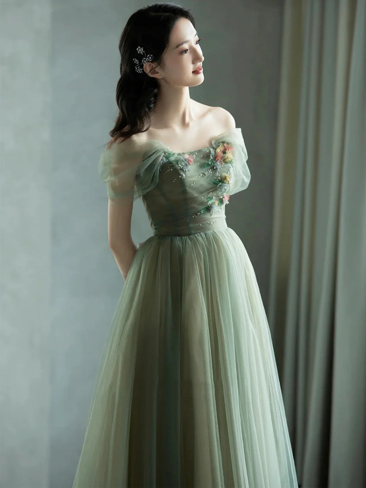 A-line Green Tulle Off Shoulder with Flowers Prom Dress, Green Tulle Evening Dress