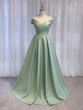 A-line Green Off Shoulder Satin Party Dress, Green Satin Long Prom Dress Evening Dress