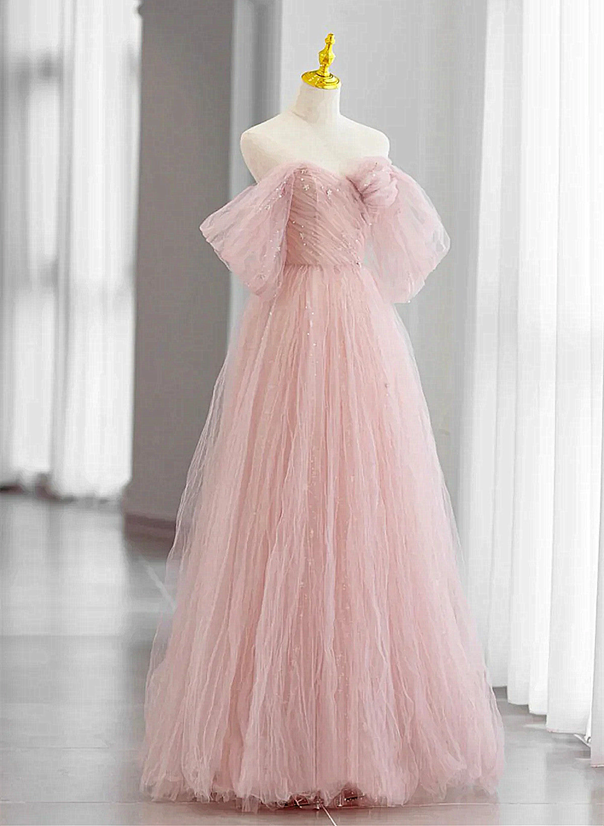 Pink Tulle Sweetheart Off Shoulder Party Dress, Pink Long Prom Dress – Cutedressy