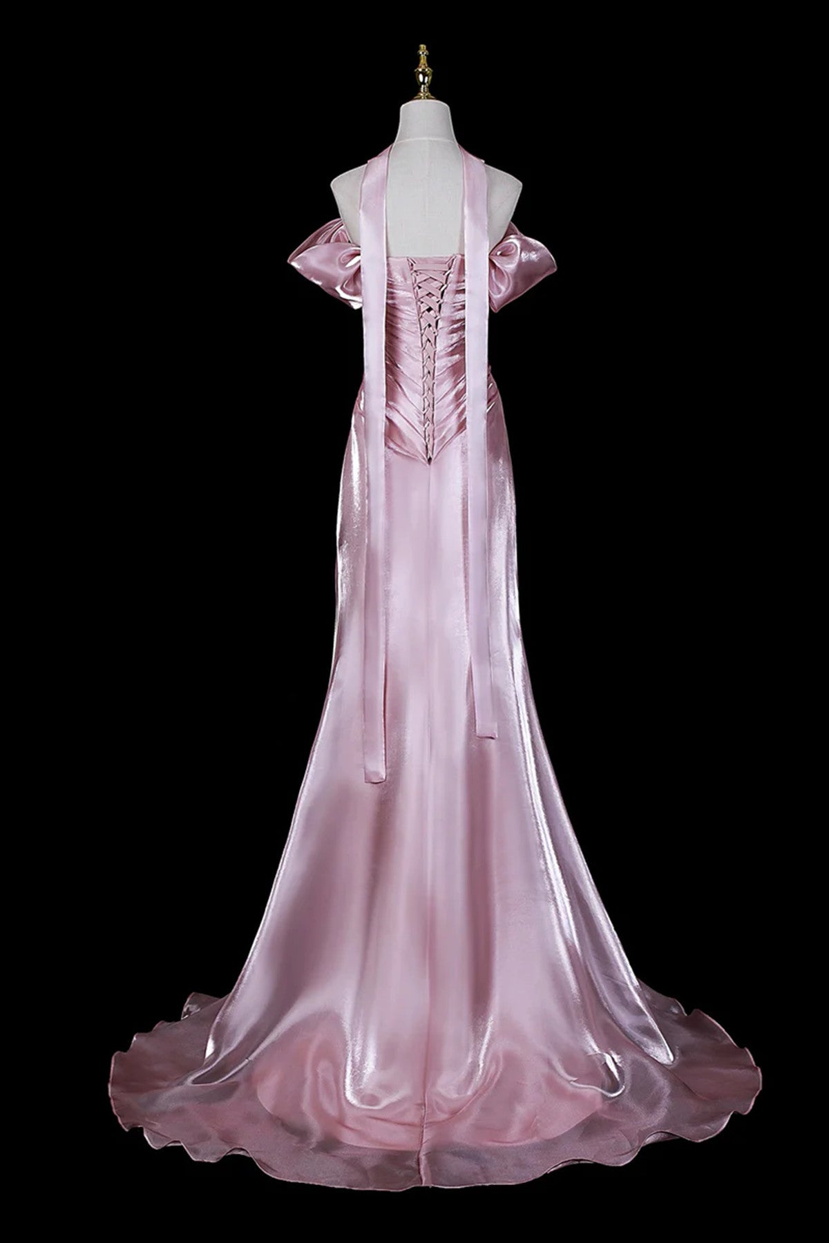 Pink Satin Off Shoulder Mermaid Prom Dress, Pink Long Formal Dress Wedding Party Dress