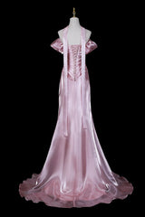 Pink Satin Off Shoulder Mermaid Prom Dress, Pink Long Formal Dress Wedding Party Dress