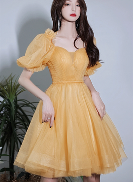 Lovely Yellow Tulle Short Party Dresss, Yellow Short Homecoming Dress Formal Dress