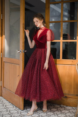 Wine Red Velvet and Tulle Tea Length Homecoming Dress, Wine Red Wedding Party Dress