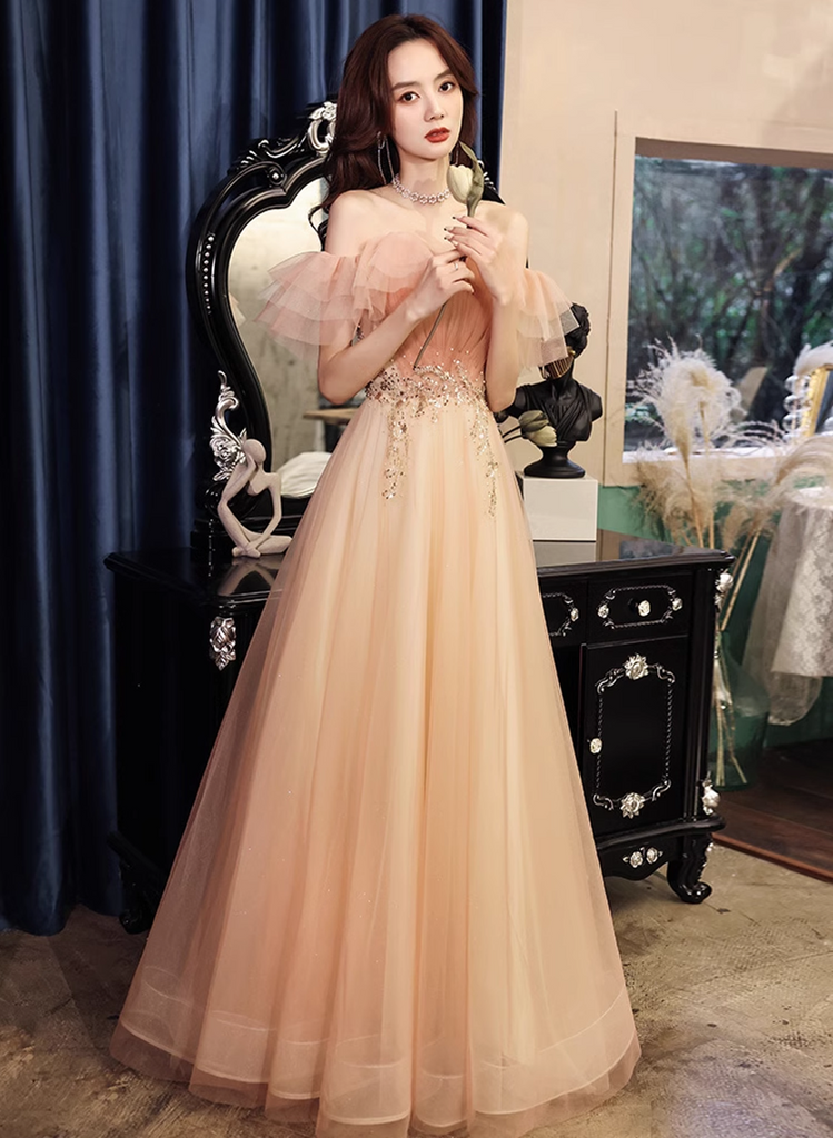 A-line Pink Floor Length Party Dress Prom Dress, Pink Off Shoulder For