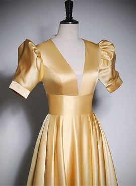 Gold Satin A-line Short Sleeves Floor Length Party Dress, Gold Simple Formal Dress