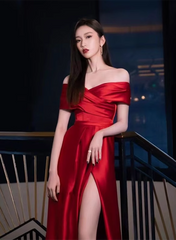 Wine Red Satin Off Shoulder Long Party Dress with Leg Slit, Wine Red Long Prom Dress