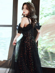 Charming Black A-line Sequins Off Shoulder Party Dress, Black Sequins Prom Dress