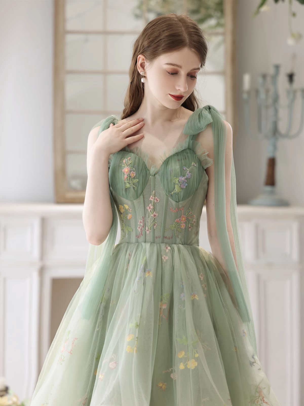 Light Green High Low Sweetheart Straps Formal Dress, Floral Tulle Home Cutedressy Light Green High Low Sweetheart Straps Formal Dress, Floral Tulle Home Cutedressy