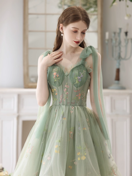 Light Green High Low Sweetheart Straps Formal Dress, Floral Tulle Homecoming Dress