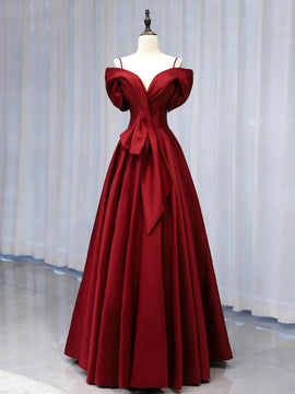 Wine Red V-neckline Straps A-line Party Dress, Wine Red Satin Long Prom Dress Evening Dress