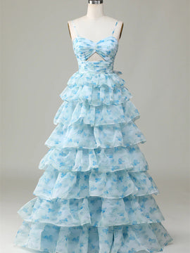 Lovely Light Blue Layers Long Straps Floor Length Party Dress, Light Blue Prom Dress