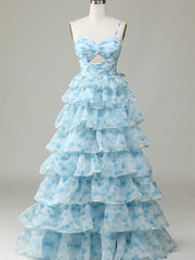 Lovely Light Blue Layers Long Straps Floor Length Party Dress, Light Blue Prom Dress