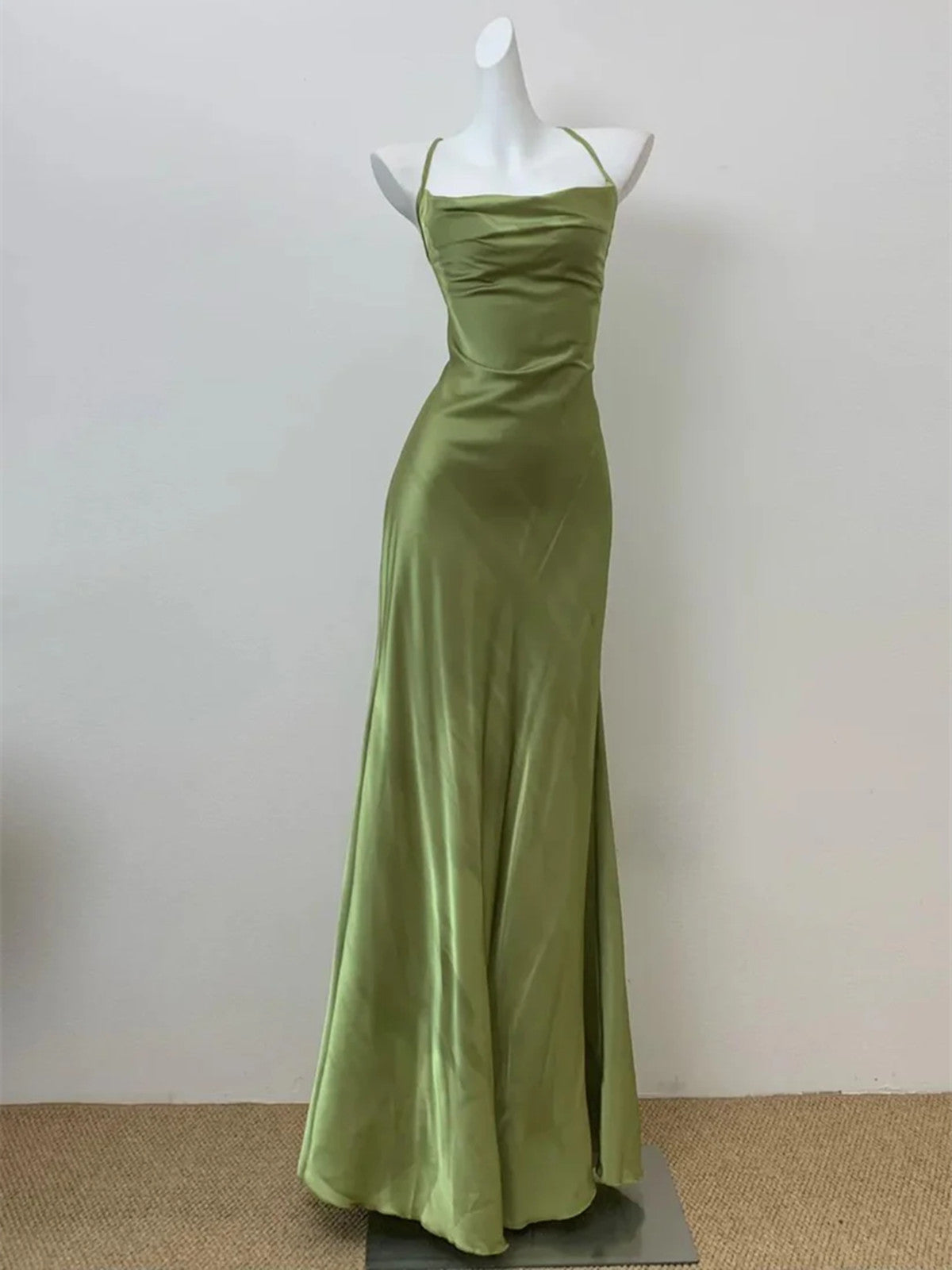 Green Spaghetti Straps Mermaid Satin Long Prom Dress, Green Floor Length Evening Dress