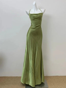 Green Spaghetti Straps Mermaid Satin Long Prom Dress, Green Floor Length Evening Dress