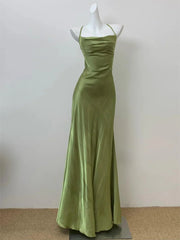 Green Spaghetti Straps Mermaid Satin Long Prom Dress, Green Floor Length Evening Dress