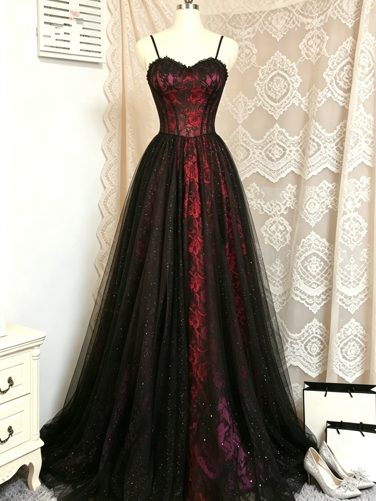 Chic Black and Red Floral Straps Tulle Prom Dress, A-line Black and Red Gothic Evening Dress