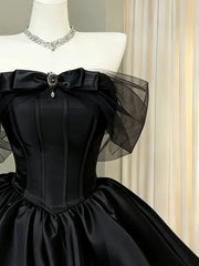Black Off Shoulder Satin and Tulle Homecoming Dress, Black Short Party Dress