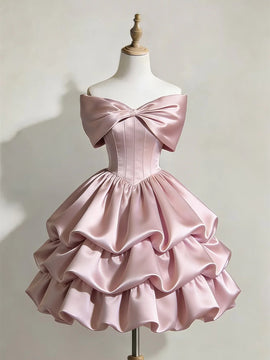 Cute Pink Off Shoulder Satin Short Dress, Pink Tiered Ruffle Homecoming Dress Party Dress