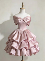 Cute Pink Off Shoulder Satin Short Dress, Pink Tiered Ruffle Homecoming Dress Party Dress