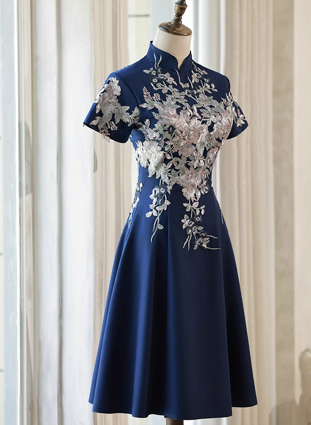 Navy Blue Short Sleeves Party Dress with Lace Applique, Short Cute Blue Wedding Party Dress