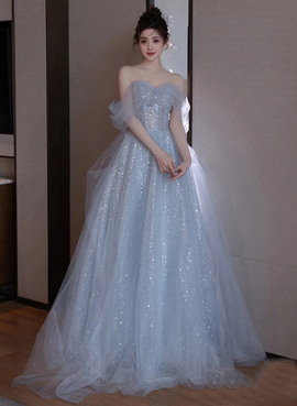 Light Blue Tulle Off Shoulder Beaded Party Dress, A-line Tulle Blue Formal Dress Prom Dress